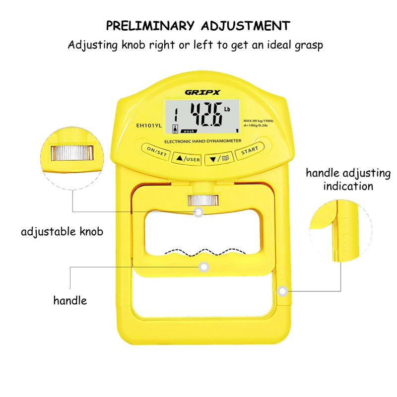 GRIPX Digital Hand Dynamometer Grip Strength Measurement Meter Auto Capturing Electronic Hand Grip Power 198Lbs / 90Kgs  Yellow - Image 5